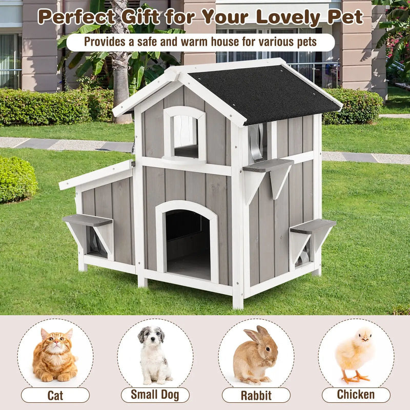 2-Story Outdoor Wooden Feral Cat House with Escape Door-Grey by DirectDeals