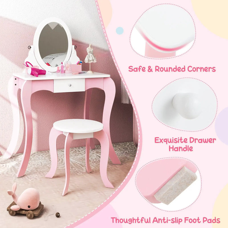 Pretend Kids Vanity Set with 360° Rotatable Mirror and Play Accessories by DirectDeals