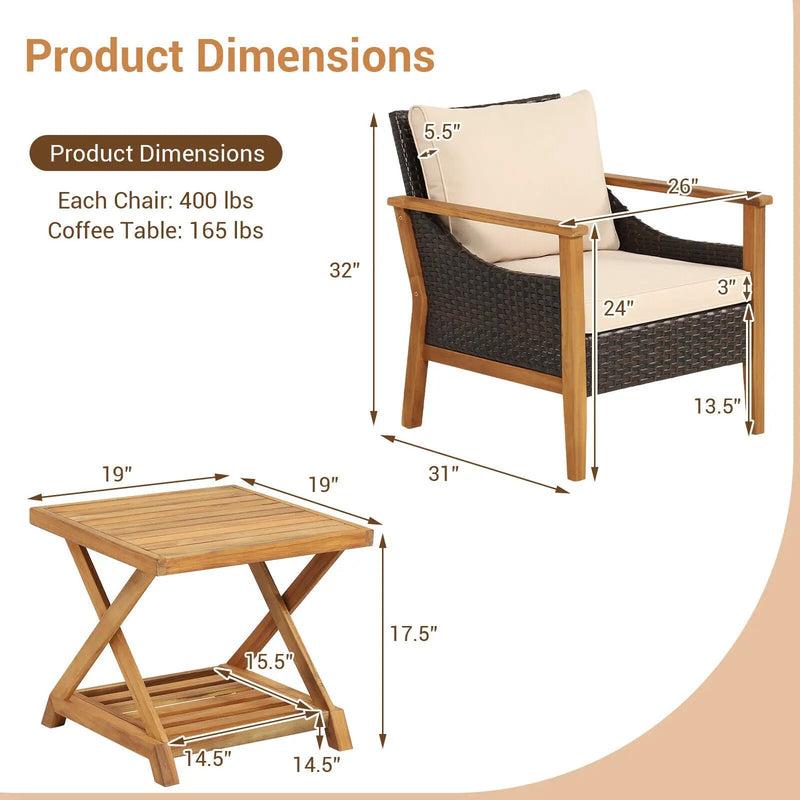 3 Pieces Patio Wicker Furniture Set with 2-Tier Side Table and Cushioned Armchairs-Natural by DirectDeals