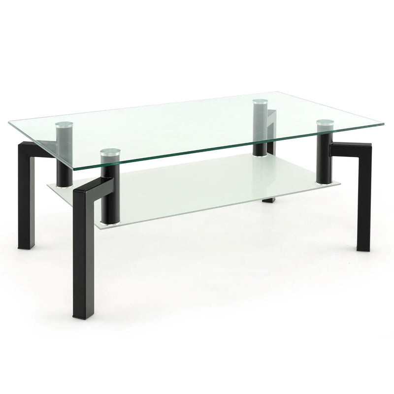 2-Tier Rectangular Glass Coffee Table with Metal Tube Legs-Black by DirectDeals