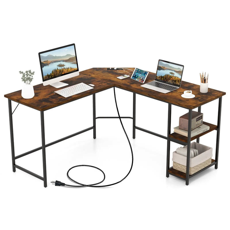 L Shaped Computer Desk with 2 Outlets and 2 USB Ports-Brown by DirectDeals