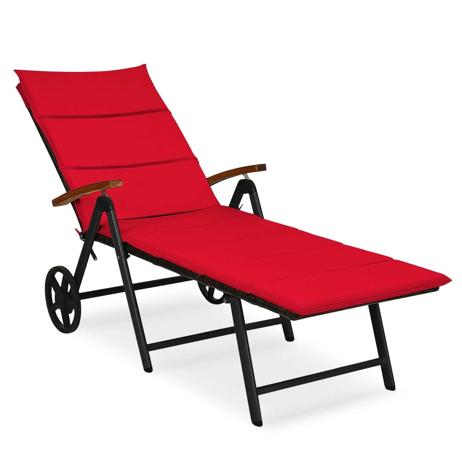 Folding Patio Rattan Lounge Chair with Wheels-Red by DirectDeals