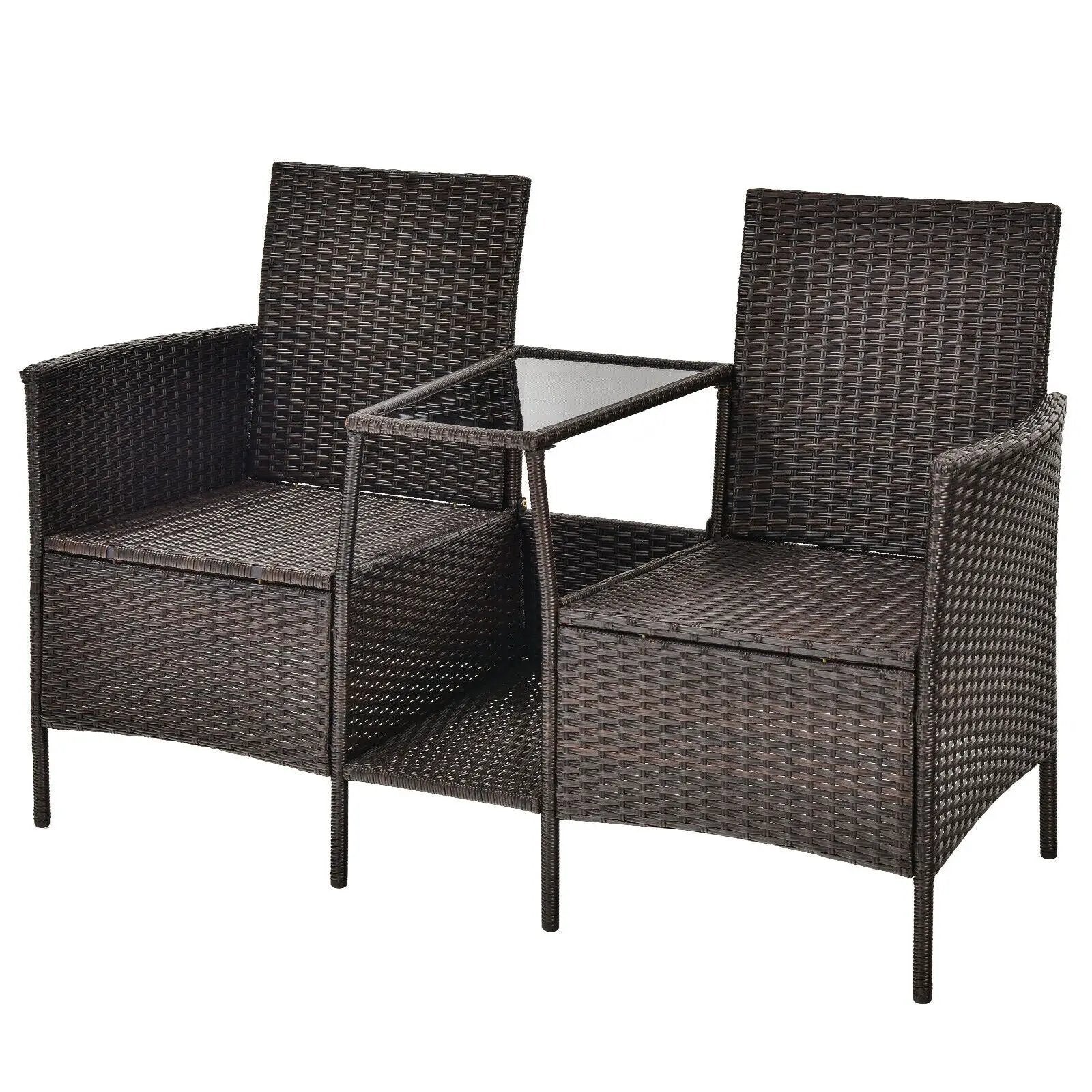 Patio Rattan Wicker Conversation Set Sofa Cushioned Loveseat Glass Table by DirectDeals
