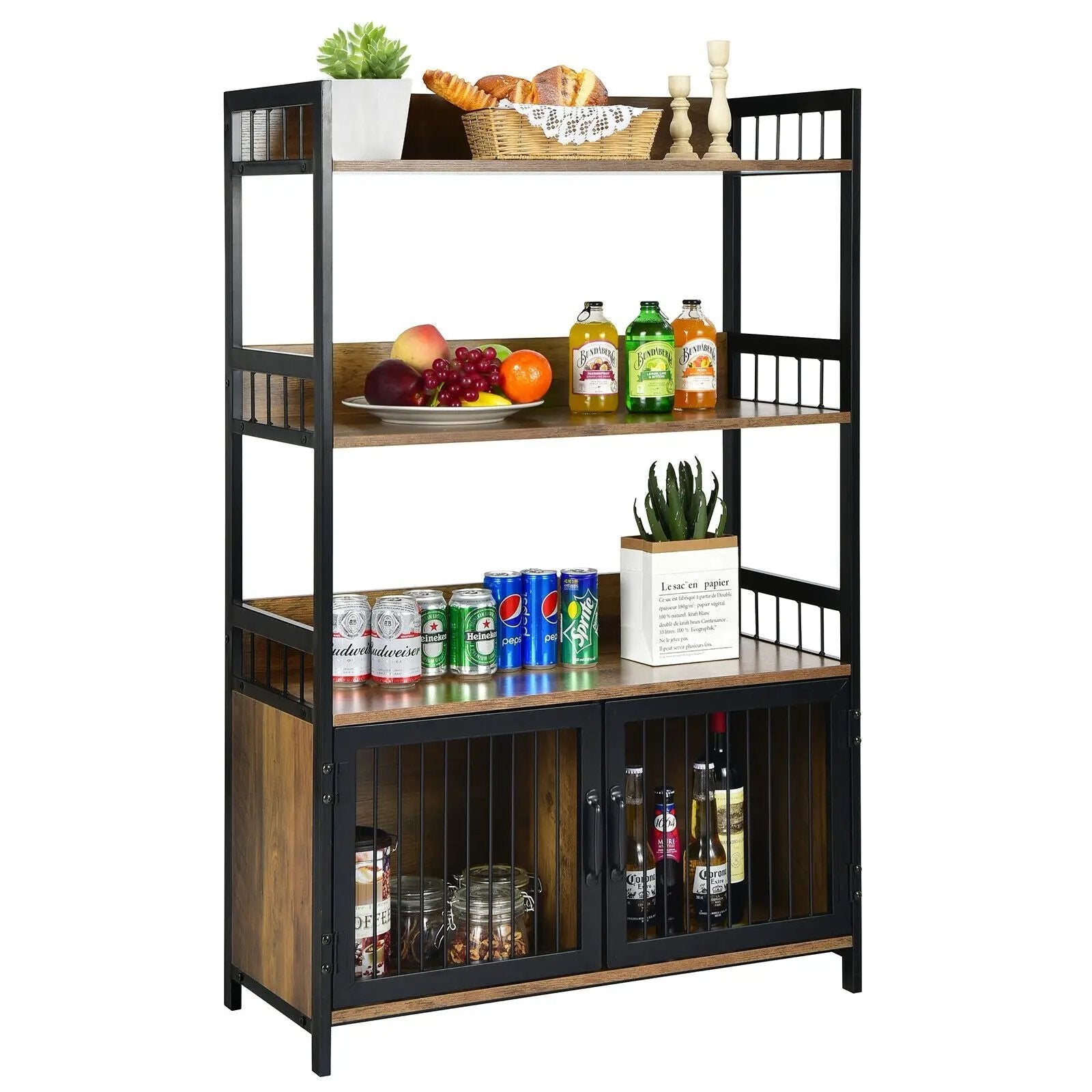 3-Tier Baker's Rack with Storage Cabinet-Rustic Brown by DirectDeals