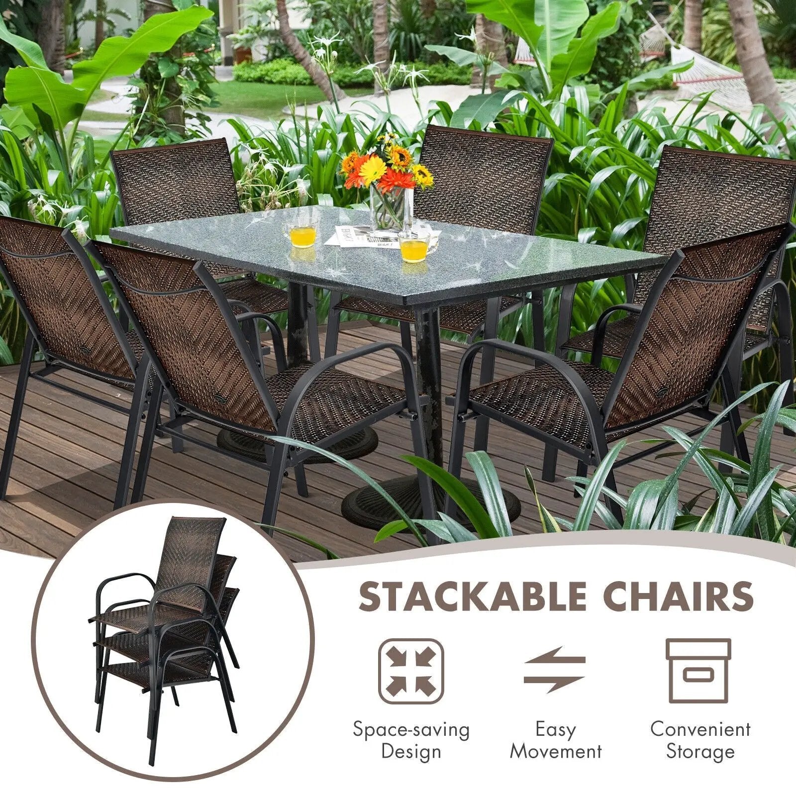 Set of 6 Outdoor PE Wicker Stackable Chairs with Sturdy Steel Frame by DirectDeals