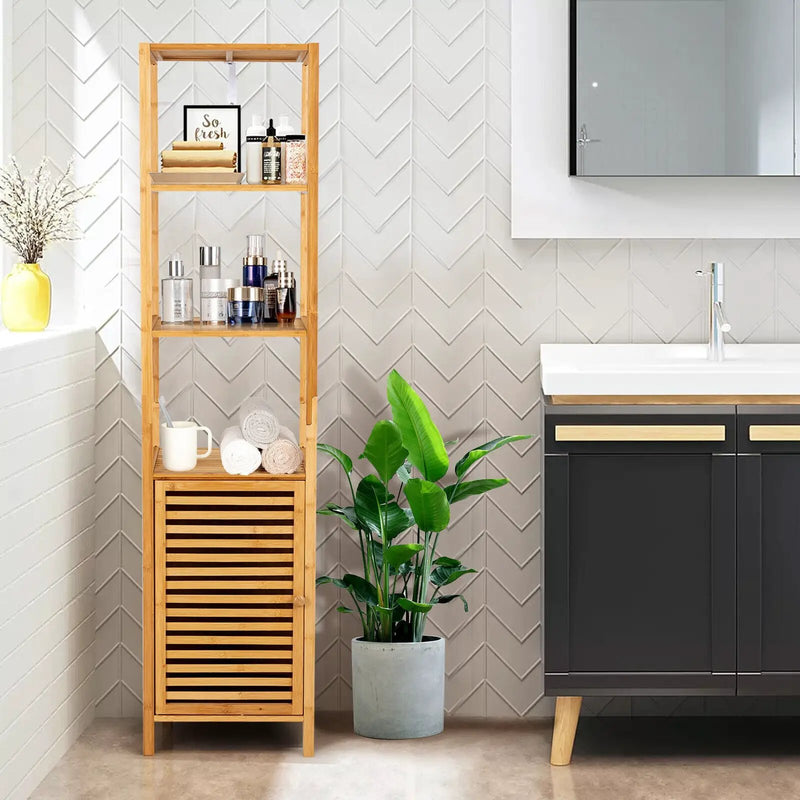 4 Tiers Slim Bamboo Floor Storage Cabinet with Shutter Door and Anti-Toppling Device-Natural by DirectDeals