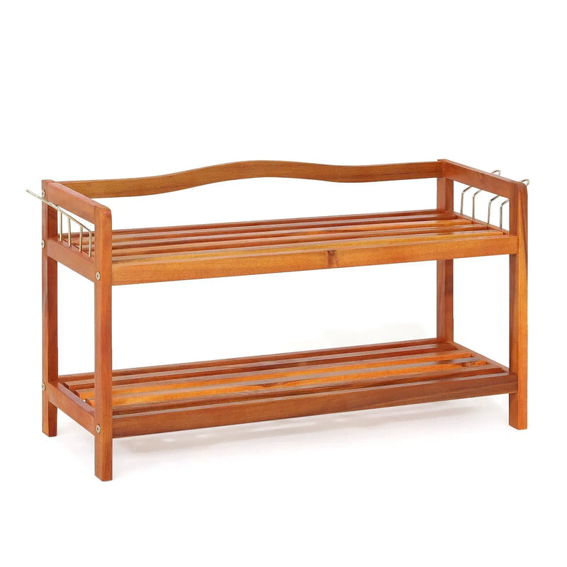 2-Tier Acacia Wood Shoe Rack with 4 Side Metal Hooks by DirectDeals