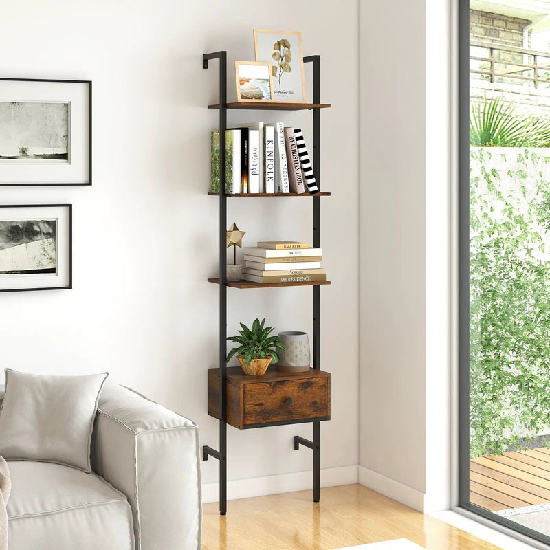 5-Tier Ladder Bookcase with Drawer and Metal Frame for Study Home Office-Rustic Brown by DirectDeals