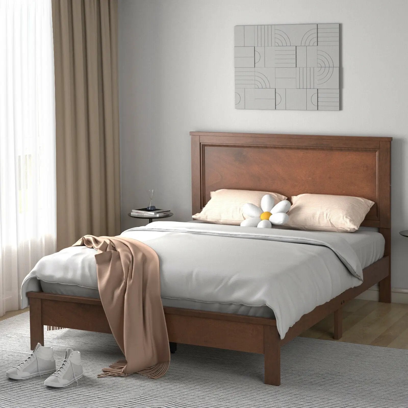 Queen Size Bed Frame Platform Slat High Headboard Bedroom with Rubber Wood Leg by DirectDeals