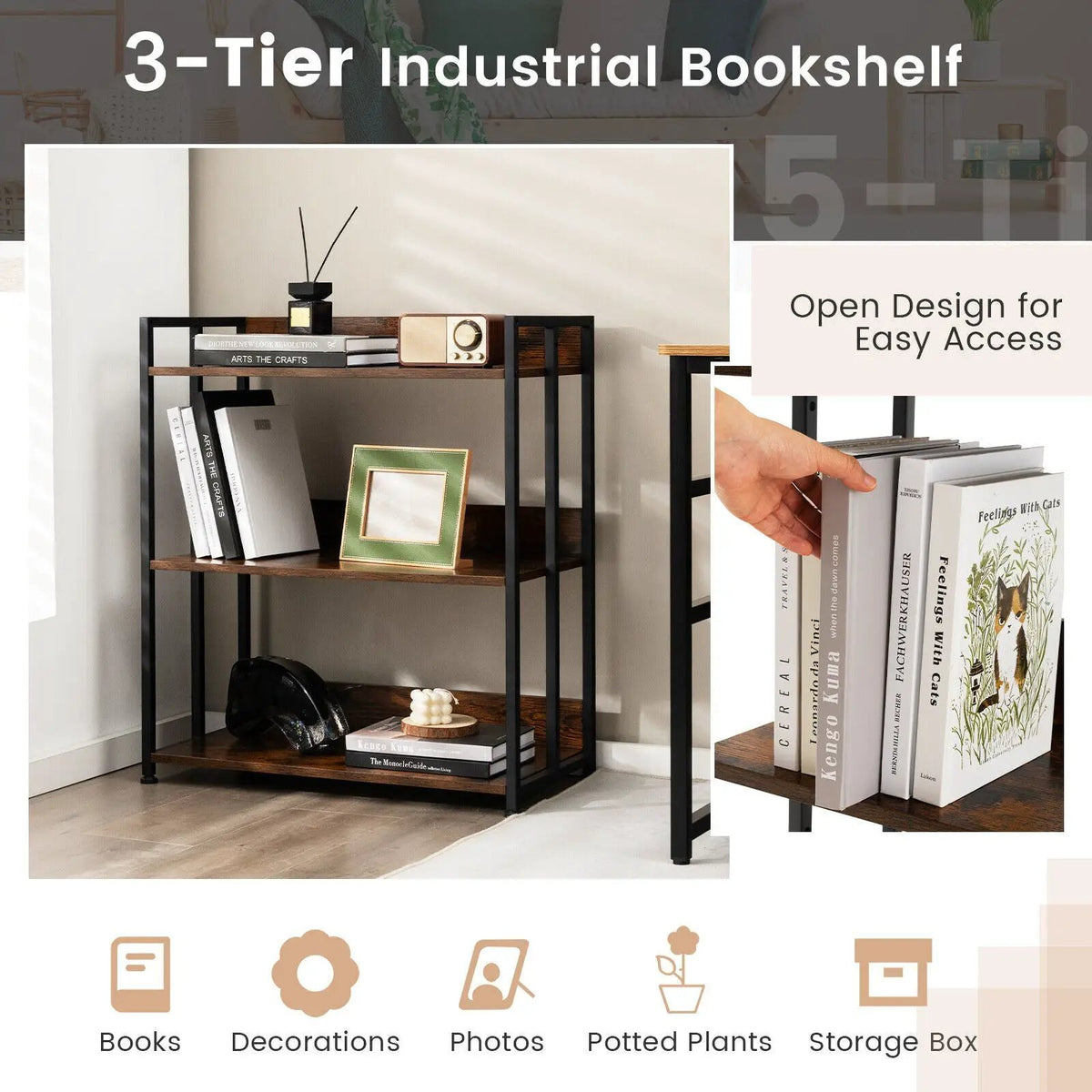 3/5-Tier Industrial Bookshelf Storage Shelf Display Rack with Adjustable Shelves, photo 8 of 9