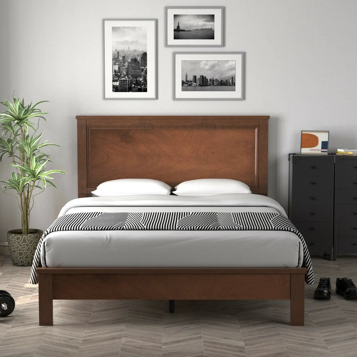 Queen Size Bed Frame Platform Slat High Headboard Bedroom with Rubber Wood Leg, photo 5 of 10