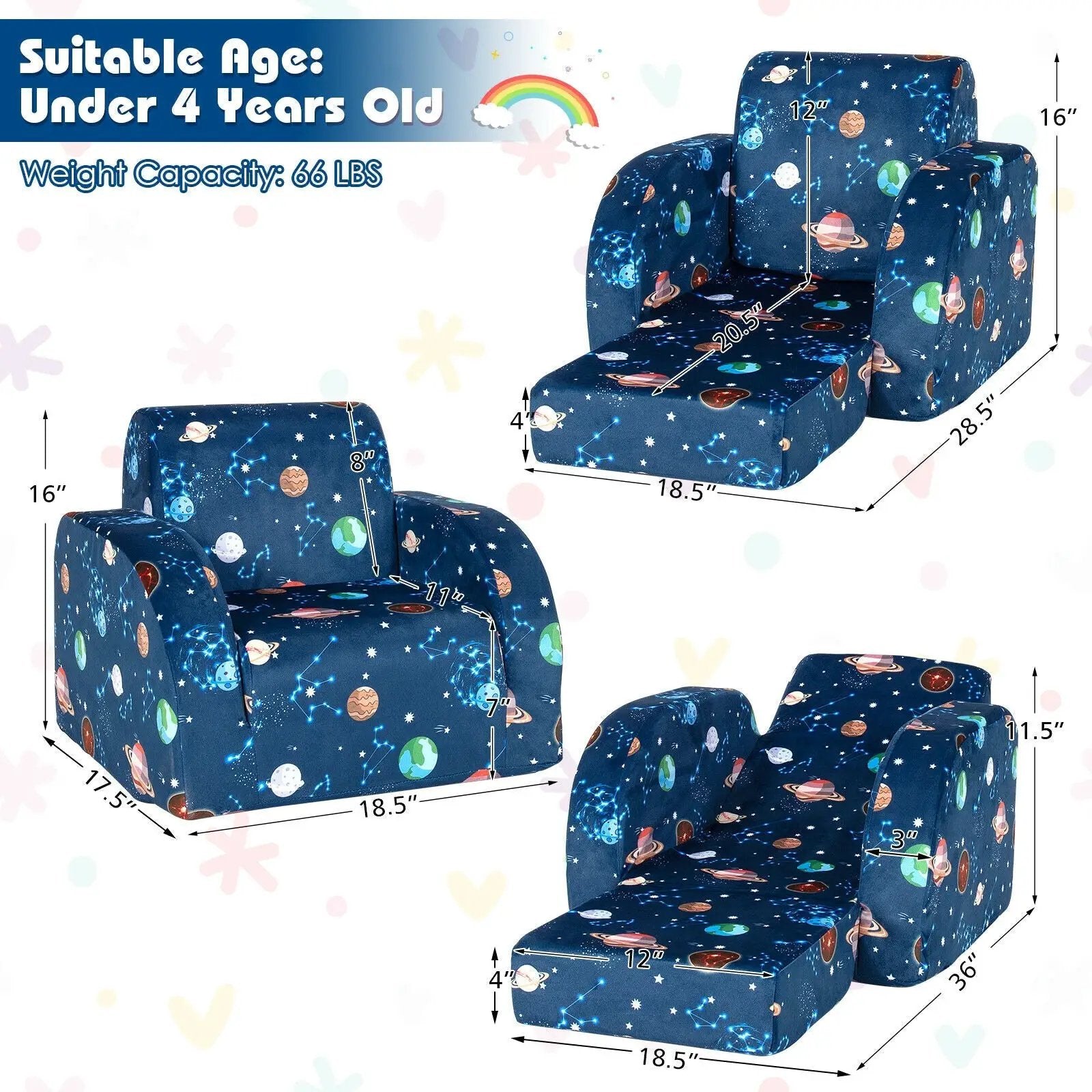 3-in-1 Convertible Kid Sofa Bed Flip-Out Chair Lounger for Toddler by DirectDeals