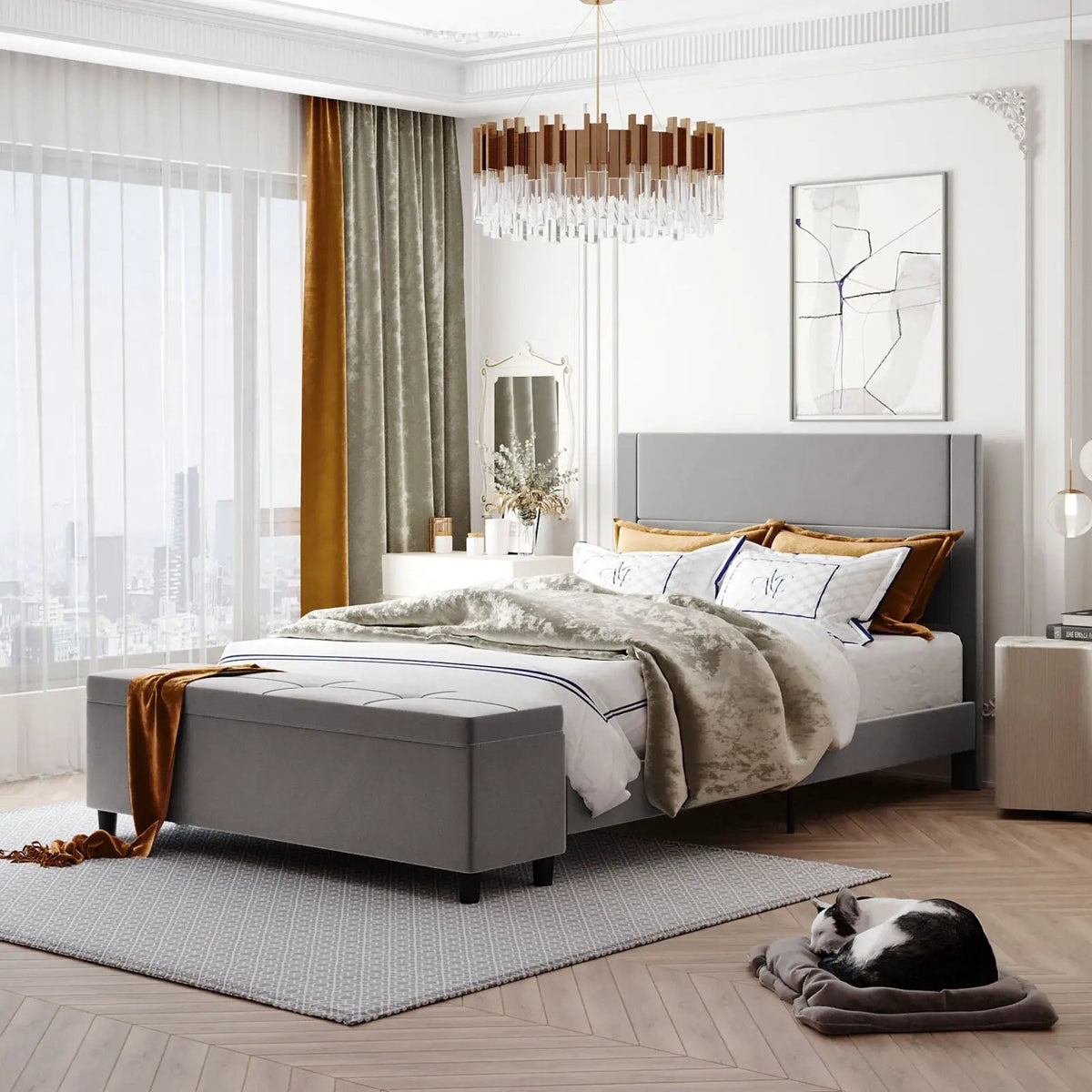 Full/Queen Size Upholstered Platform Bed Frame with Storage Ottoman, photo 2 of 16