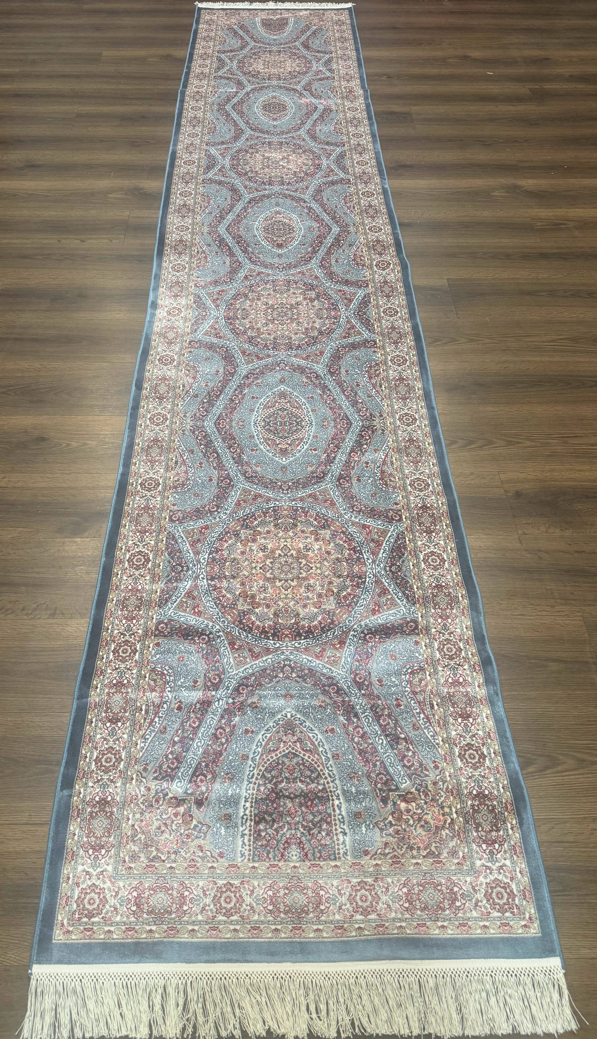 Turkish Silk Runner Rug 2.6 x 13, Blue Runner Rug, Dome Design, Bamboo Silk, New by Jewel Rugs