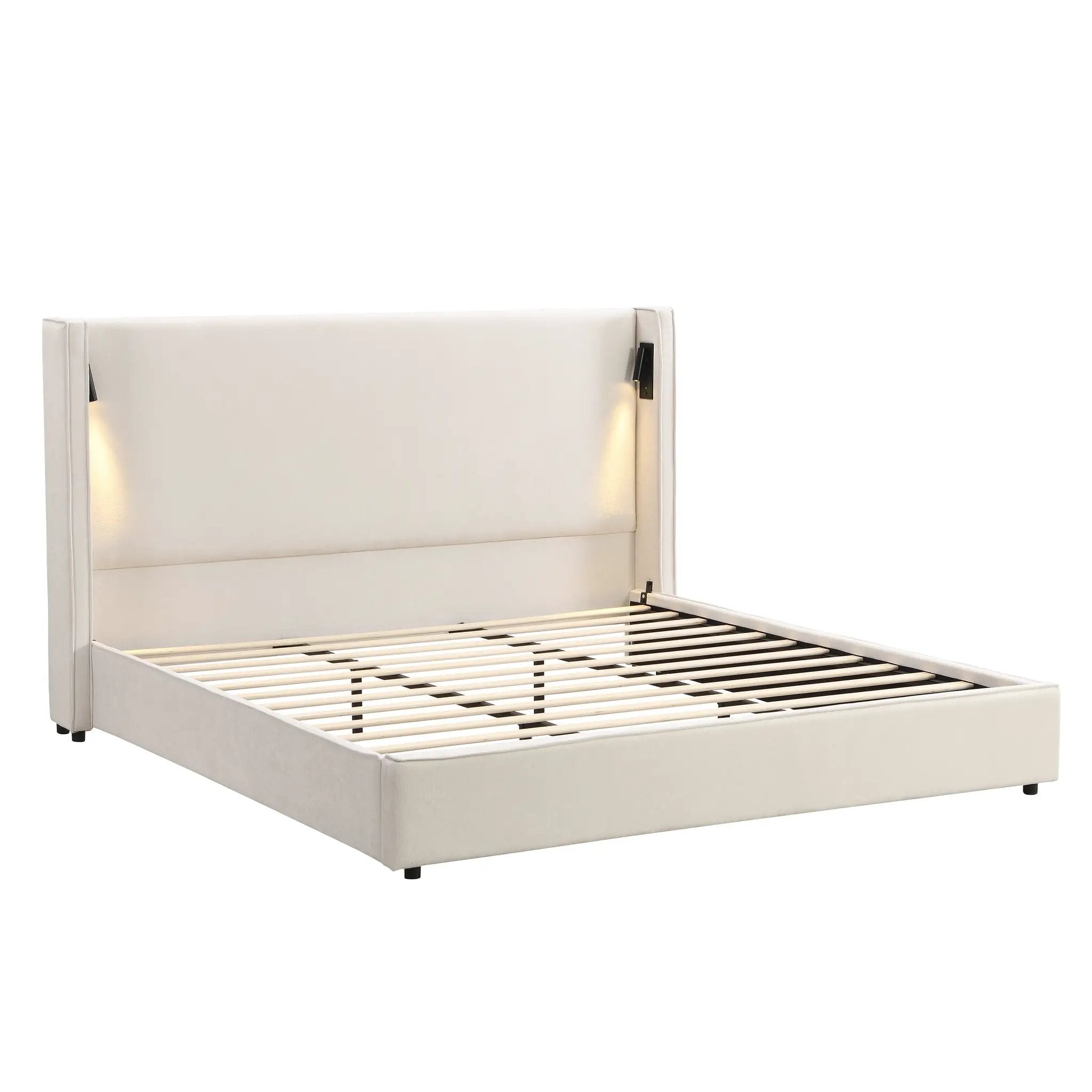 California King Size Upholstered Bed Frame with High Wingback Headboard, Reading Lamp and USB Port by HouseOfZazla