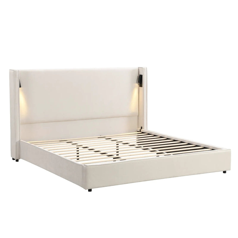 California King Size Upholstered Bed Frame with High Wingback Headboard, Reading Lamp and USB Port by HouseOfZazla