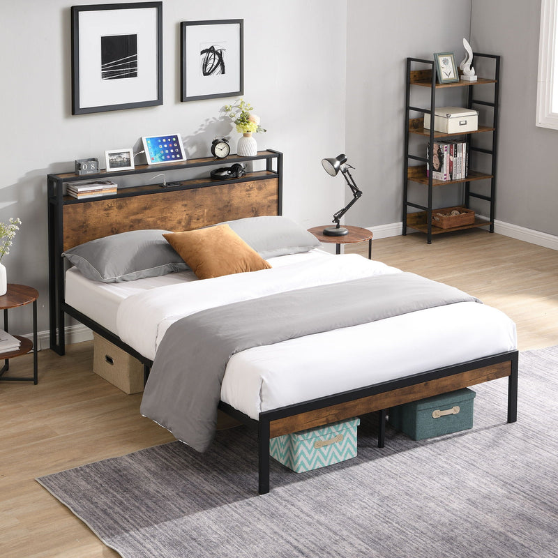 Metal Platform Bed Frame With Wooden Headboard And Footboard With USB Liner, No Box Spring Needed, Under Bed Storage by HouseOfZazla