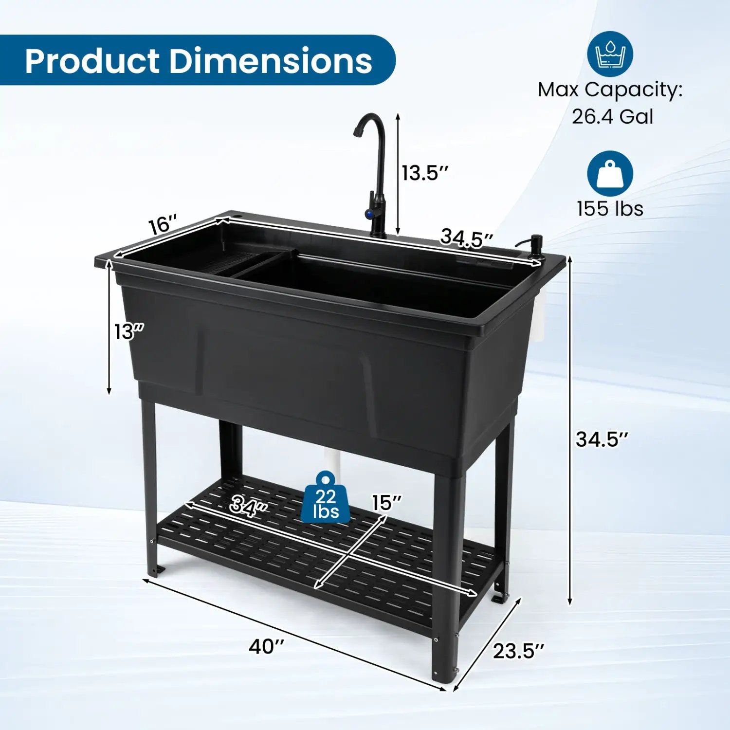 100L Utility Sink with Rotating Faucet and Storage Shelf by DirectDeals