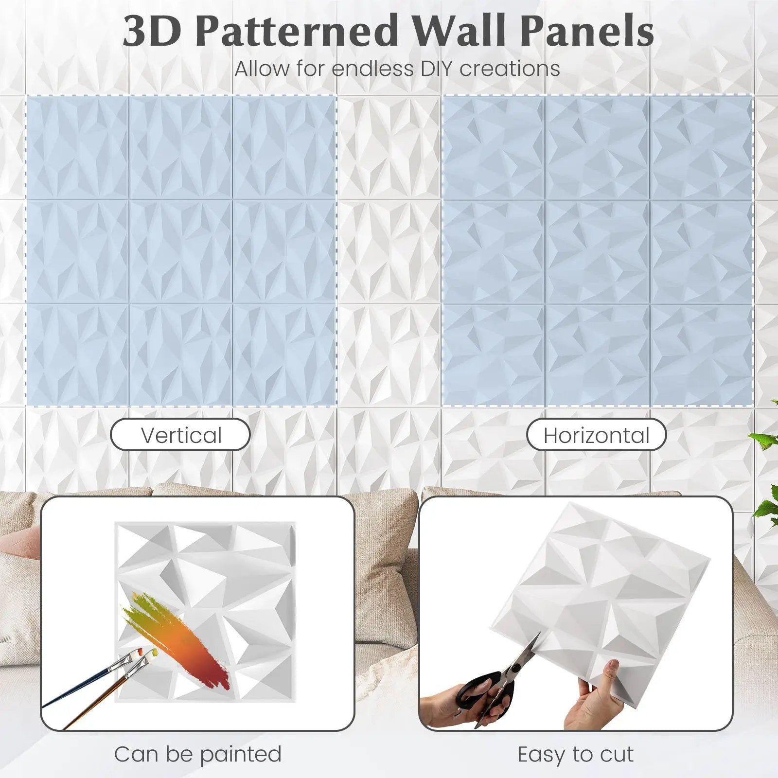 100-Pack 3D Wall Panels 12" x 12" PVC Interior Wall Decoration with Diamond Accent-White by DirectDeals