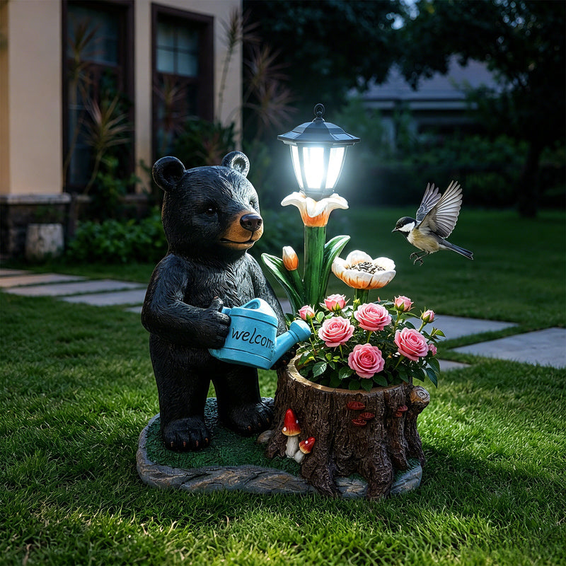 Standing Black Bear Garden Planter with Decorative Solar Lantern by HouseOfZazla