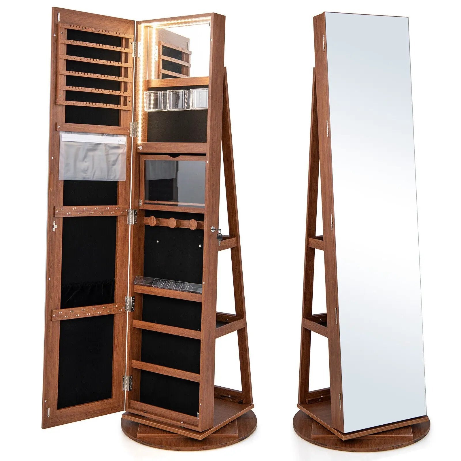 360° Rotating Mirrored Jewelry Cabinet Armoire 3 Color LED Modes Lockable by DirectDeals