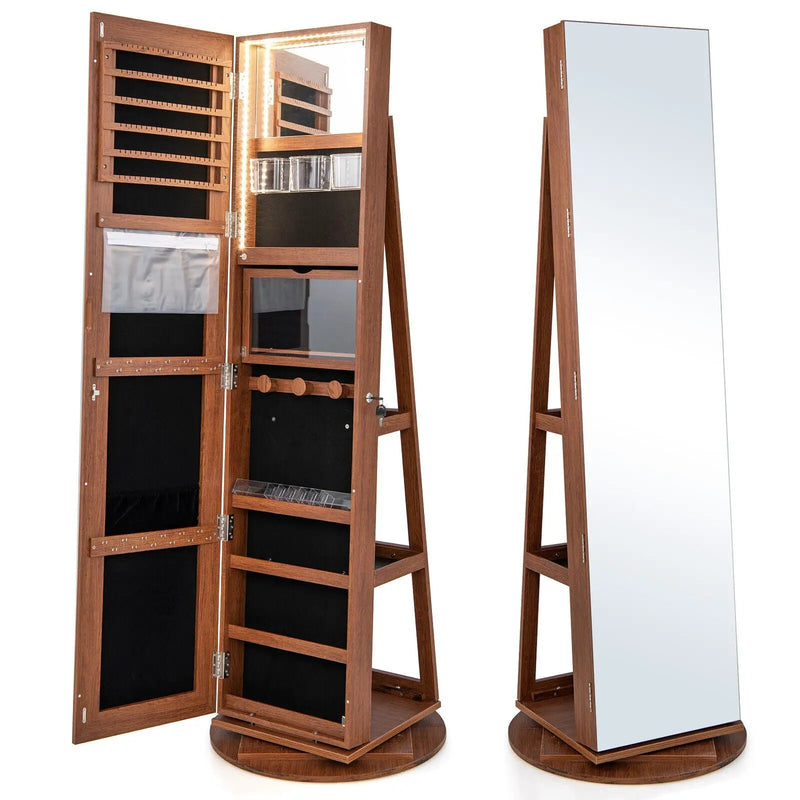 360° Rotating Mirrored Jewelry Cabinet Armoire 3 Color LED Modes Lockable by DirectDeals