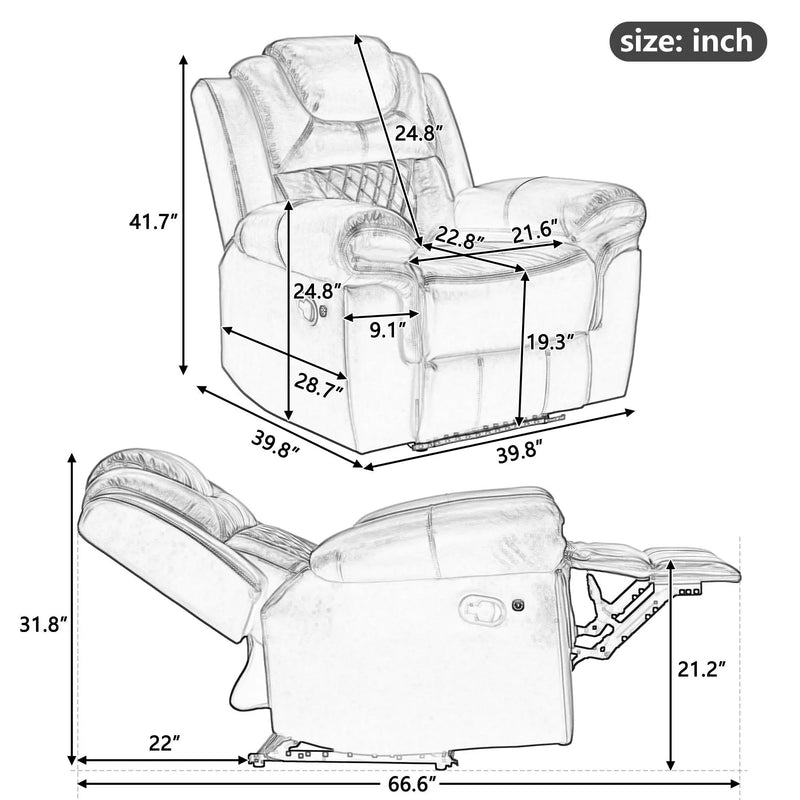 3 Pieces Recliner Sofa Sets Home Theater Seating Manual Recliner Chair & Center Console And LED Light Strip For Living Room - Brown by Unique Piece Furniture