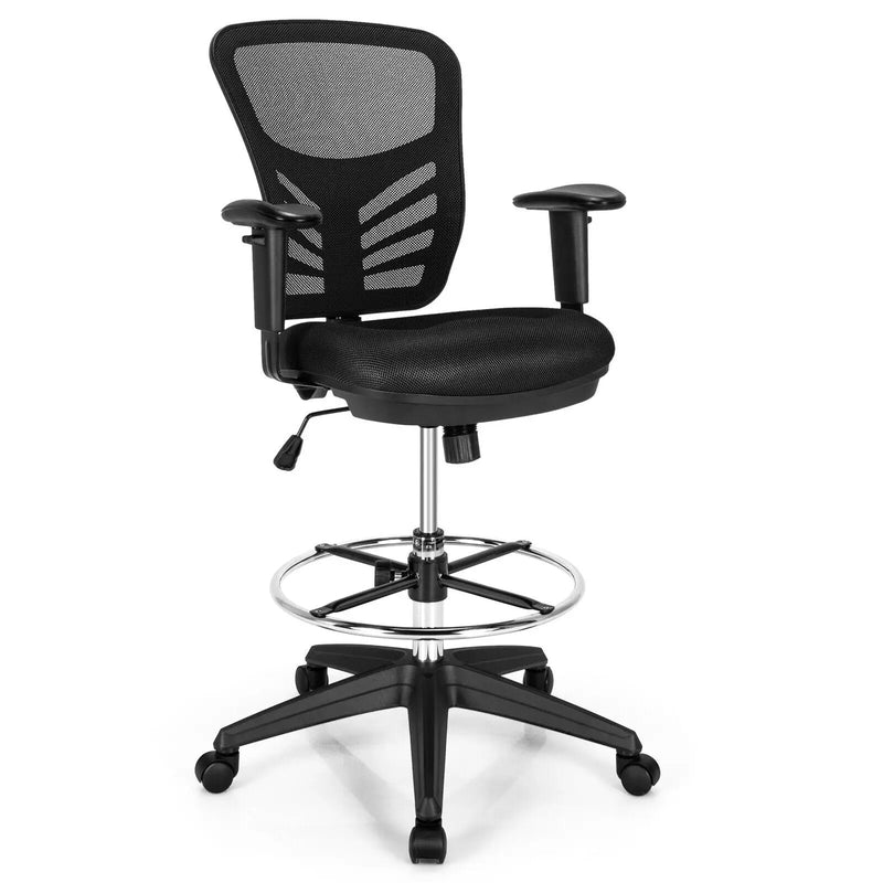 Mesh Drafting Chair Office Chair with Adjustable Armrests and Foot-Ring-Black by DirectDeals