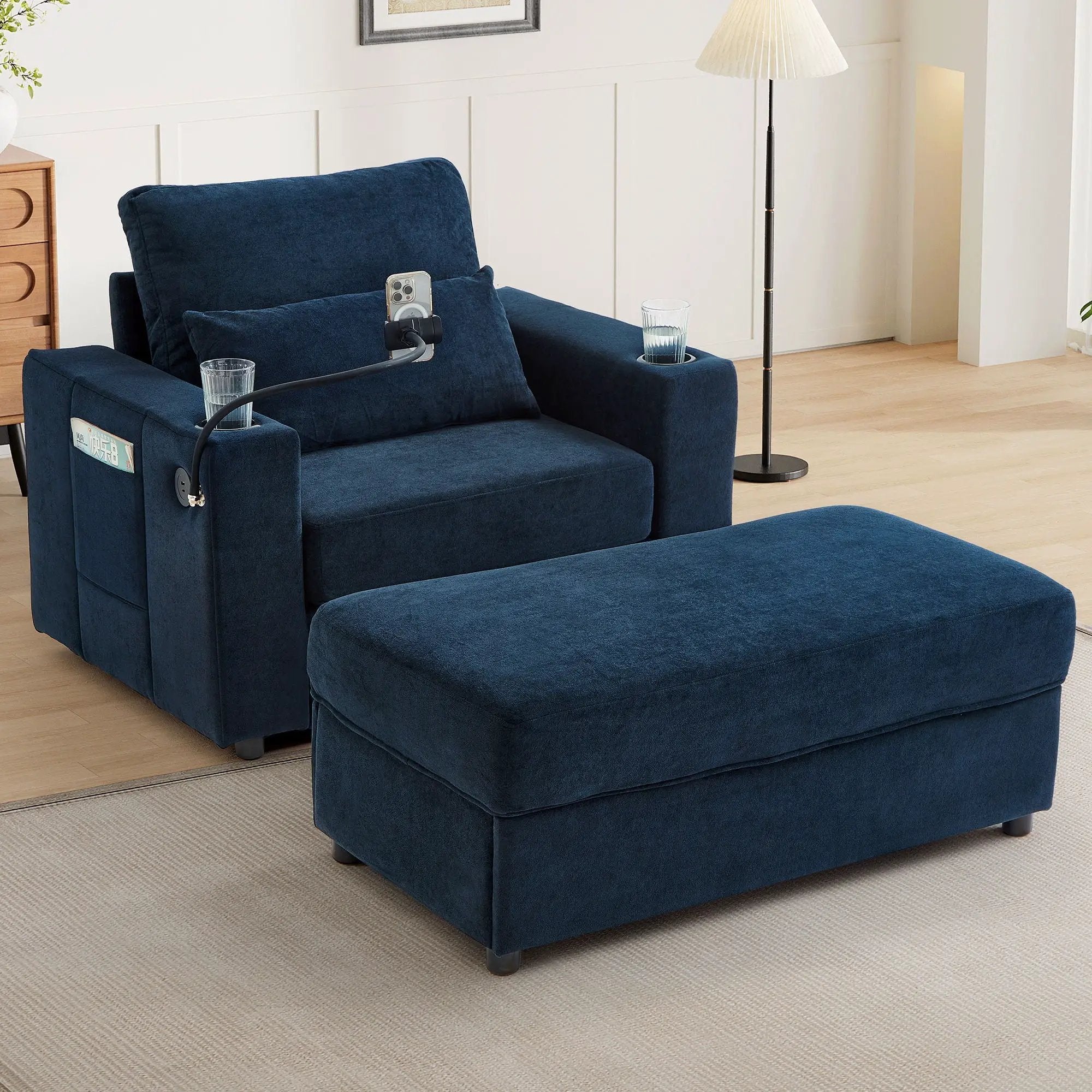 Modern Style Armchair Chaise Lounge Sofa Couch With Movable Storage Ottoman, USB Ports, Cup Holders, Phone Holder, Side Pockets by HouseOfZazla