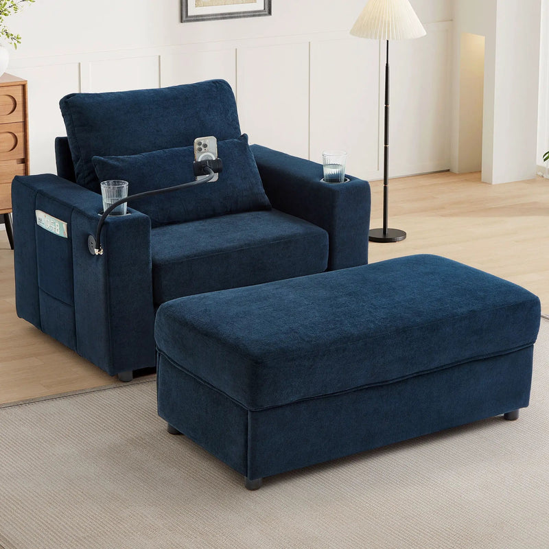Modern Style Armchair Chaise Lounge Sofa Couch With Movable Storage Ottoman, USB Ports, Cup Holders, Phone Holder, Side Pockets by HouseOfZazla