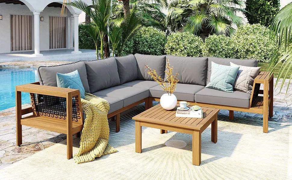 4 Pieces Outdoor Acacia Wood Sofa Set with Coffee Table by HouseOfZazla