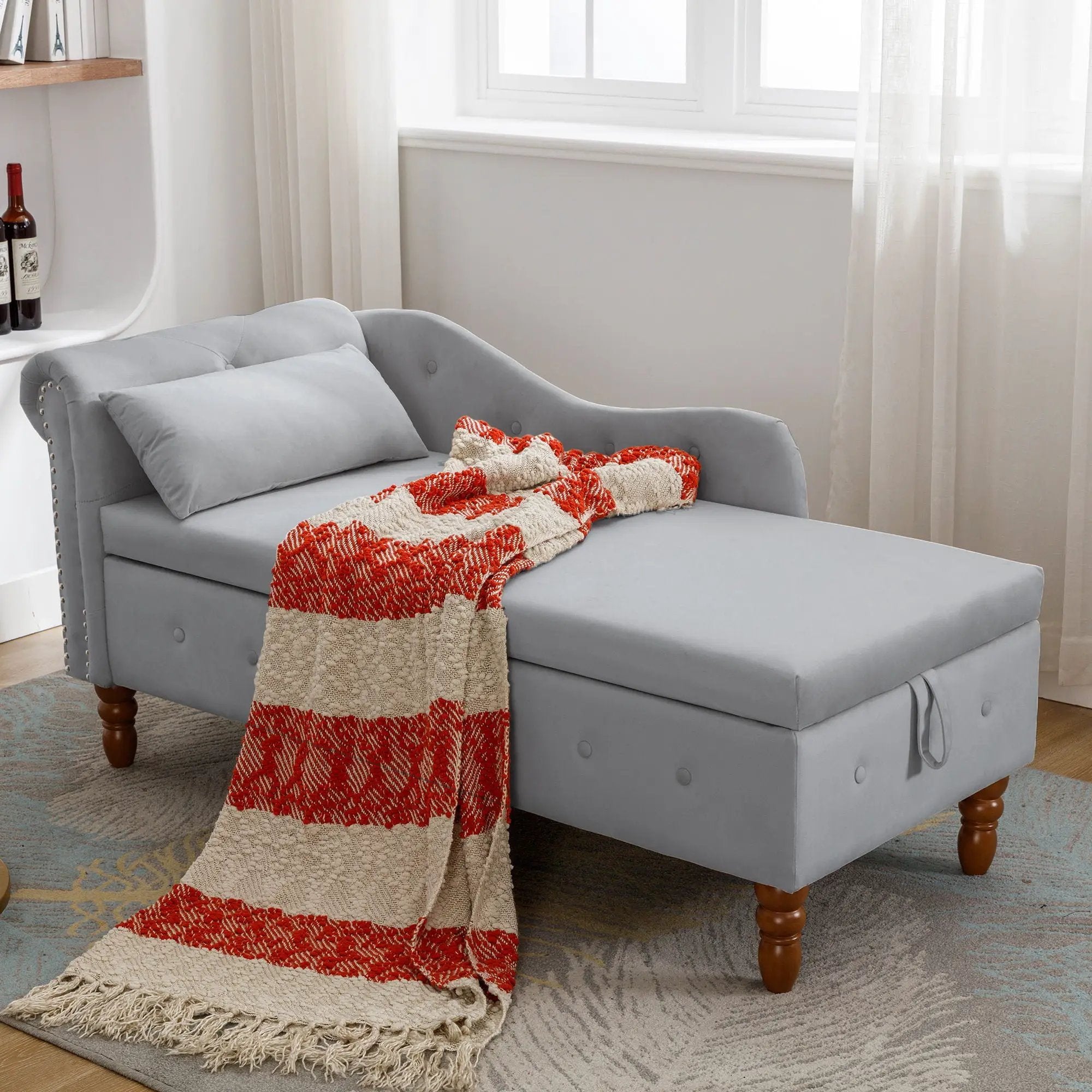 Chaise Lounge Indoor, Lounge Chair For Bedroom With Storage & Pillow, Modern Upholstered Rolled Arm Chase Lounge For Sleeping With Nailhead Trim For Living Room Bedroom Office by Unique Piece Furniture