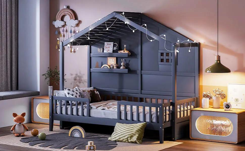 House Bed With Shelves, Window And Sparkling Light Strip On The Roof by HouseOfZazla