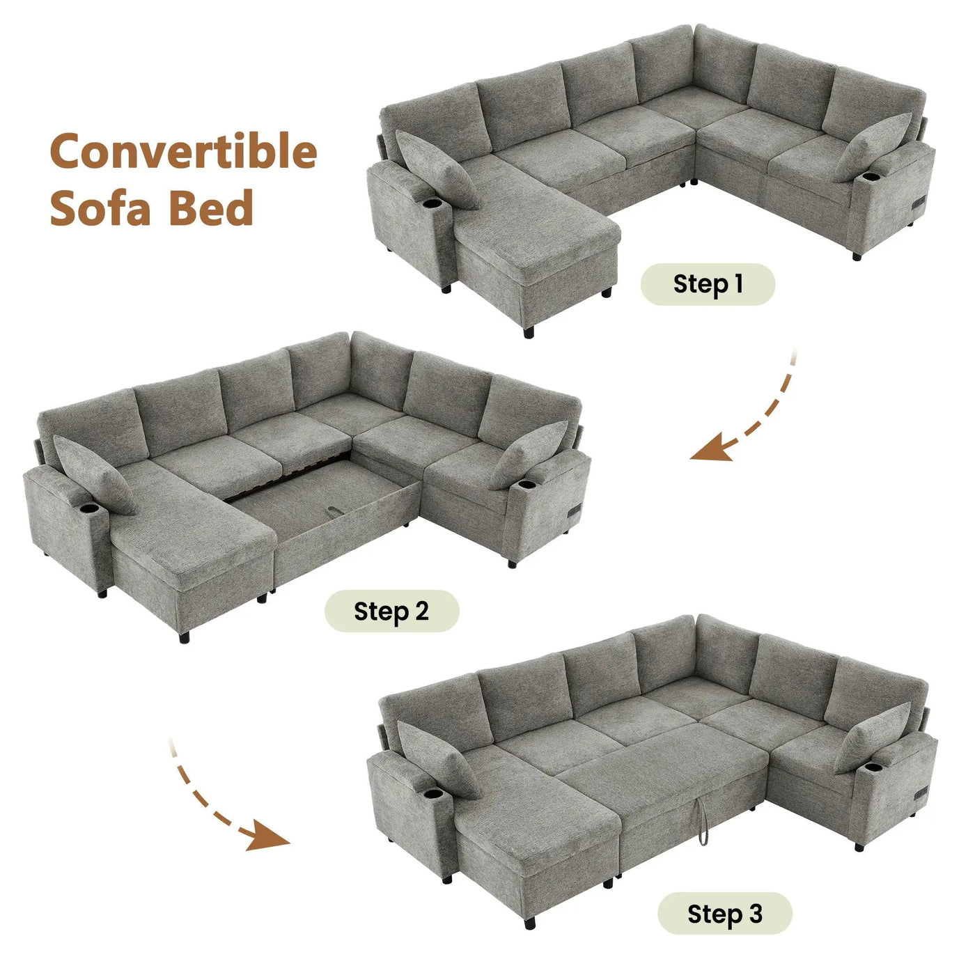 U-Shaped Sectional Sleeper Sofa With Ample Storage Space, 2 Cup Holders And Charging Ports For Living Room by Unique Piece Furniture