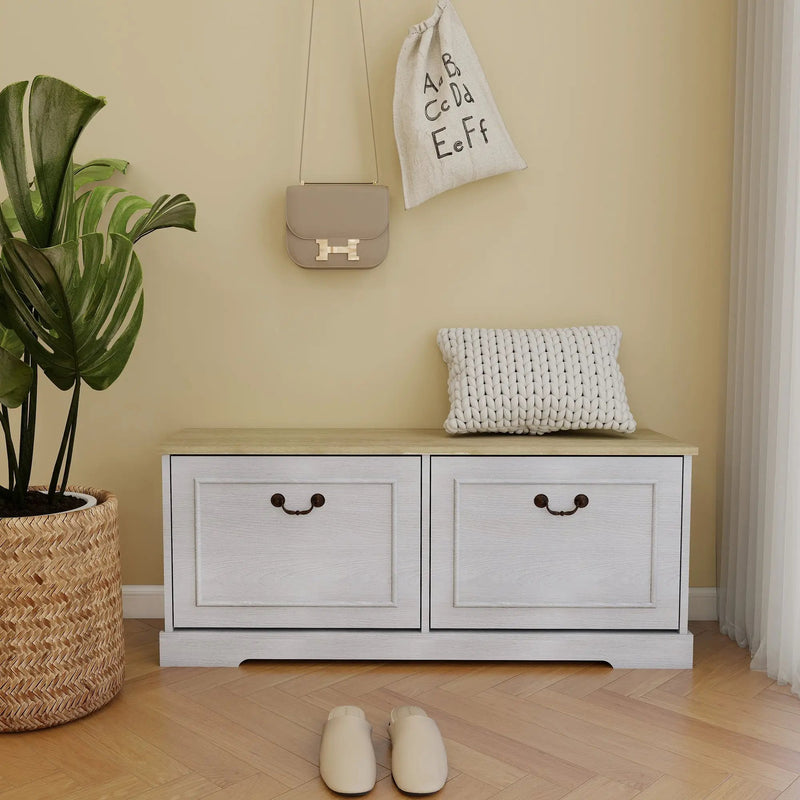 Shoe Storage Bench with 2 Flip Drawers and Adjustable Shelf - Antique by HouseOfZazla