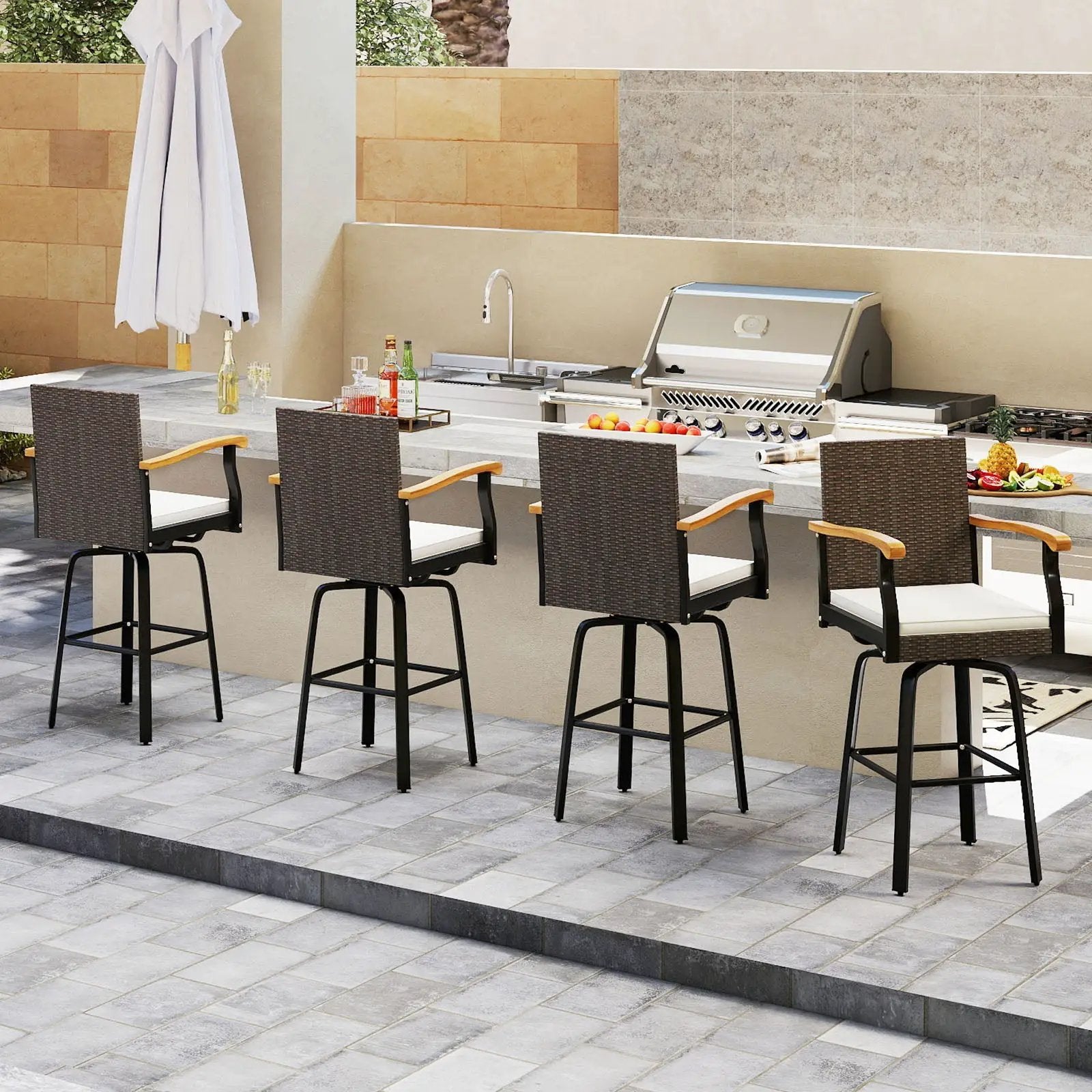 Set of 2 Outdoor 360¬∞ Swivel Bar Stool with Cushion and Acacia Wood Armrests by DirectDeals
