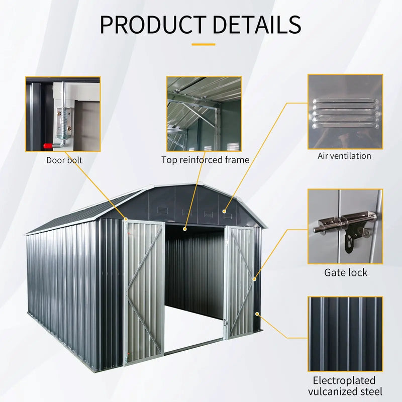 10 Ft X 12 Ft Outdoor Metal Storage Shed With Arch Roof With Lockable Doors For Backyard Garden Patio Lawn - Black by HouseOfZazla