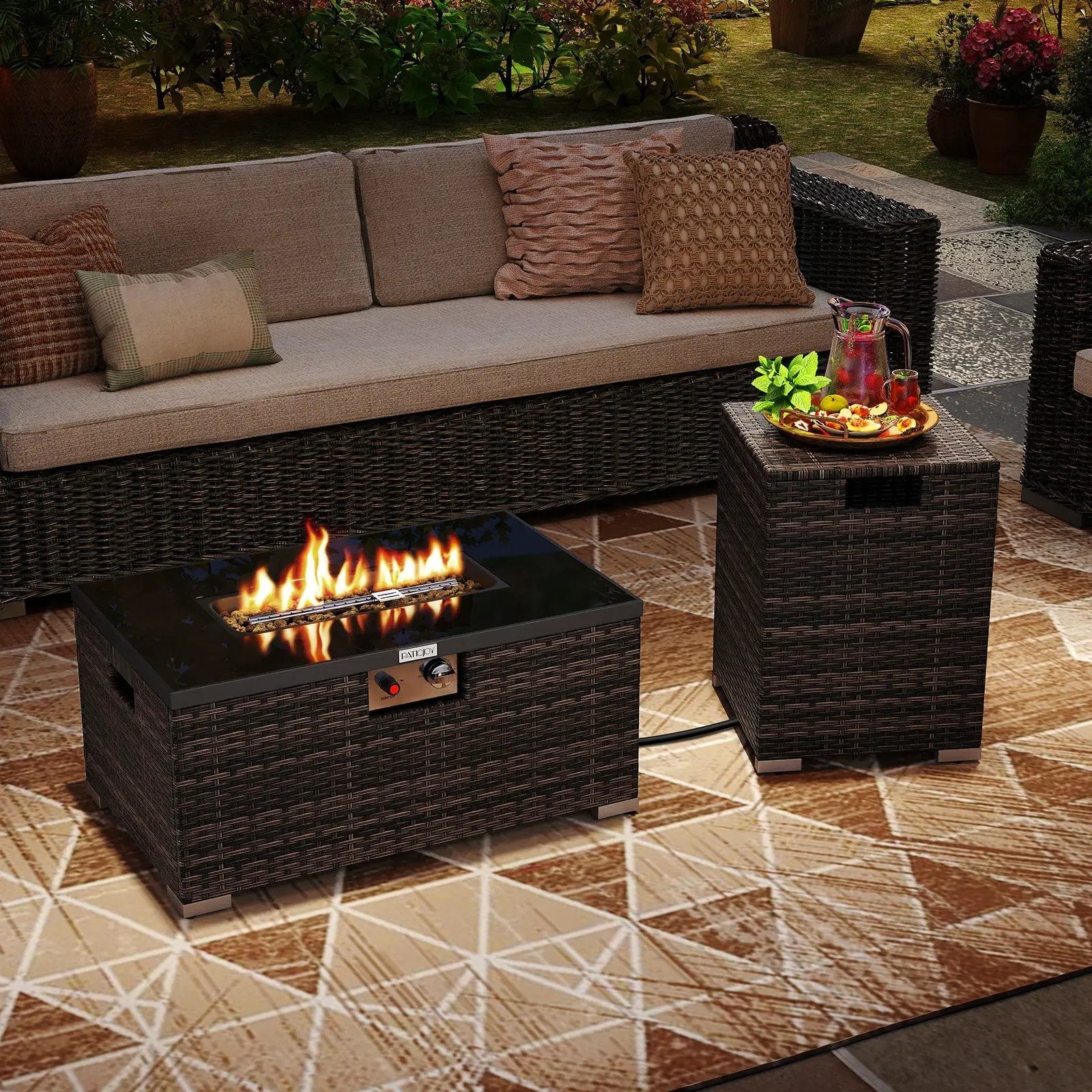 2-Piece Outdoor Rattan Fire Table Set 32 Inch Rectangle Gas Firepit with Tank Cover by DirectDeals
