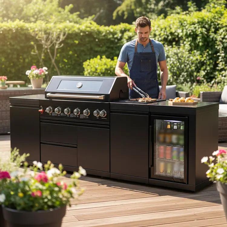 102" 6-Burner 85,000 BTU Black Outdoor Kitchen Island Grill + Refrigerator + Marble Countertops + Sink by Chery Industrial
