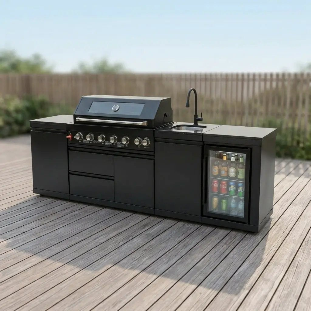 102" 6-Burner 85,000 BTU Black Outdoor Kitchen Island Grill + Refrigerator + Marble Countertops + Sink by Chery Industrial