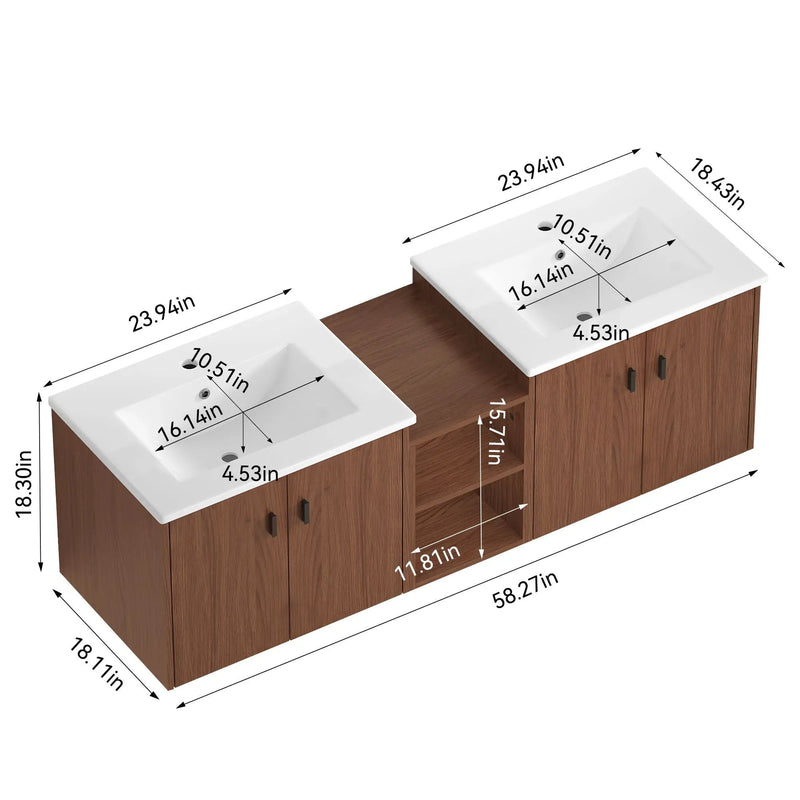 Soft Close Doors Bathroom Vanity With Small Storage Shelves, 24" And 12" Combination Cabinet - Reddish Brown by Unique Piece Furniture
