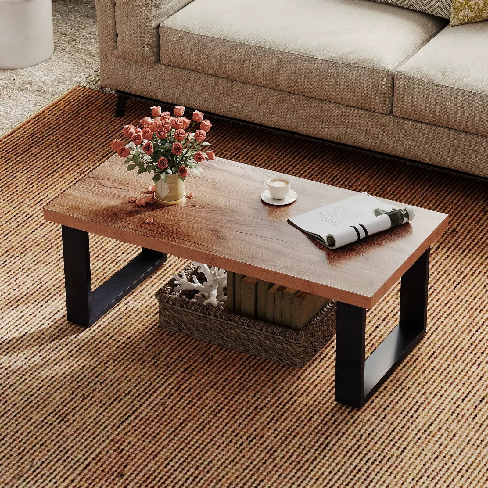 47 inch Farmhouse Style Rustic Coffee Table with Thickened Tabletop and Natural Wood Texture-Oak by DirectDeals