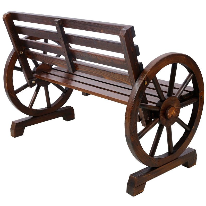 Rustic Country 2 Person Wooden Wagon Wheel Bench With Slatted Seat And Backrest - Brown by HouseOfZazla