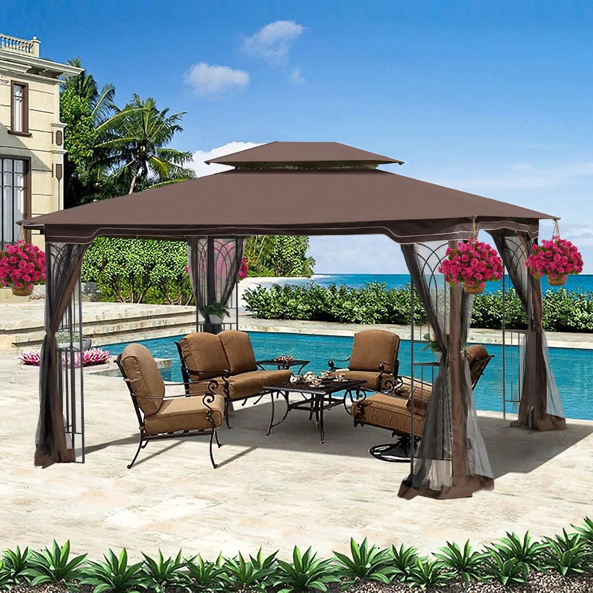 13 0 Outdoor Patio Gazebo Canopy Tent With Ventilated Double Roof And Mosquito Net (Detachable Mesh Screen On All Sides) Suitable For Lawn Garden Backyard And Deck Top - Brown by HouseOfZazla