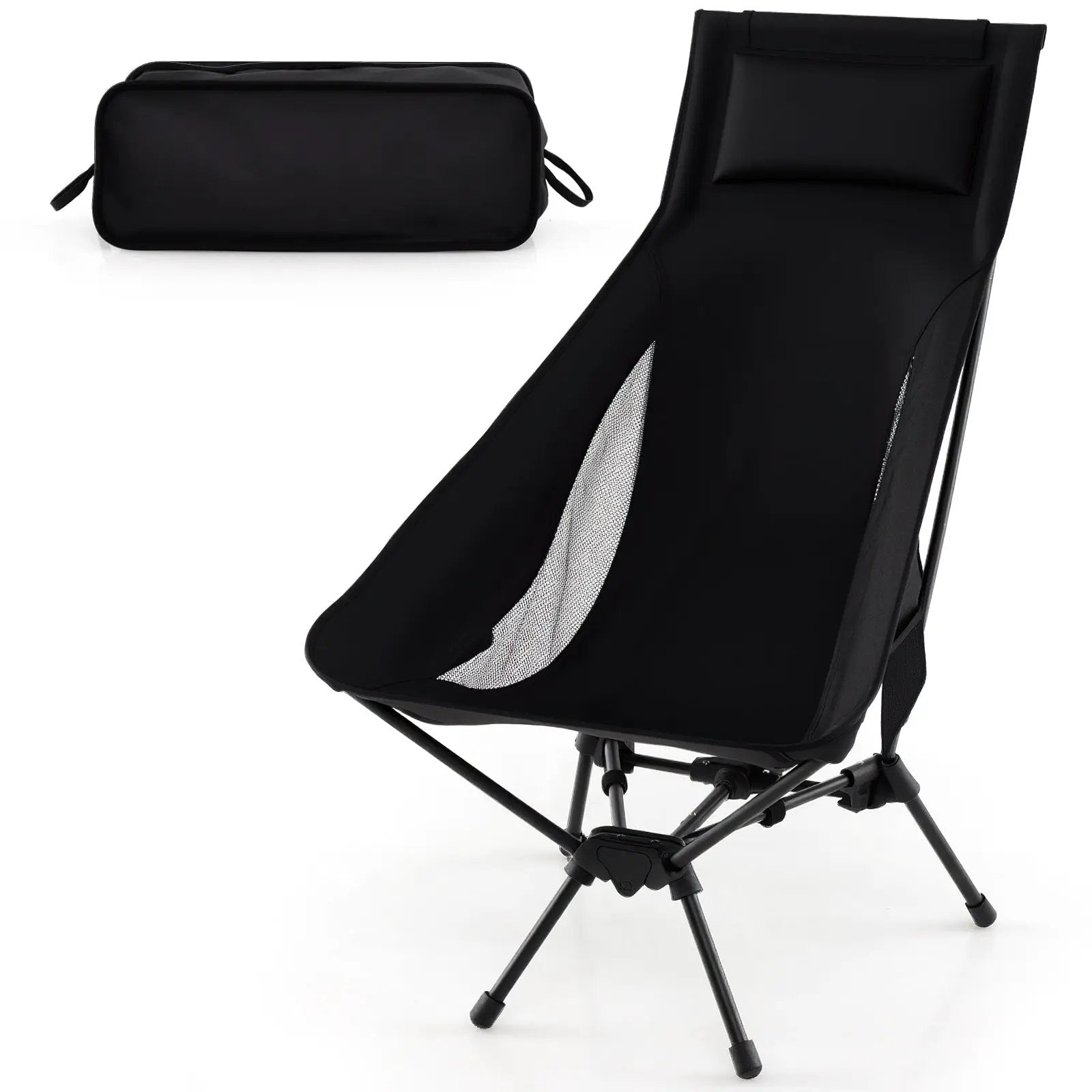 High Back Portable Camping Chair with Compact Carry Bag and Pillow-Black by DirectDeals