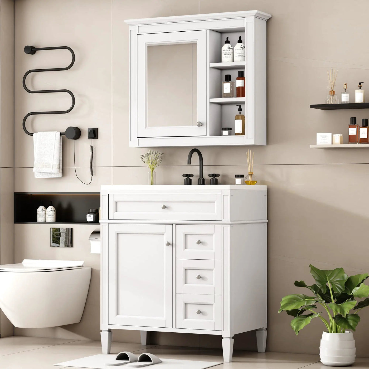 Bathroom Vanity With Top Sink, 2 Doors And 3 Drawers, Freestanding Set With Mirror Cabinet by Unique Piece Furniture