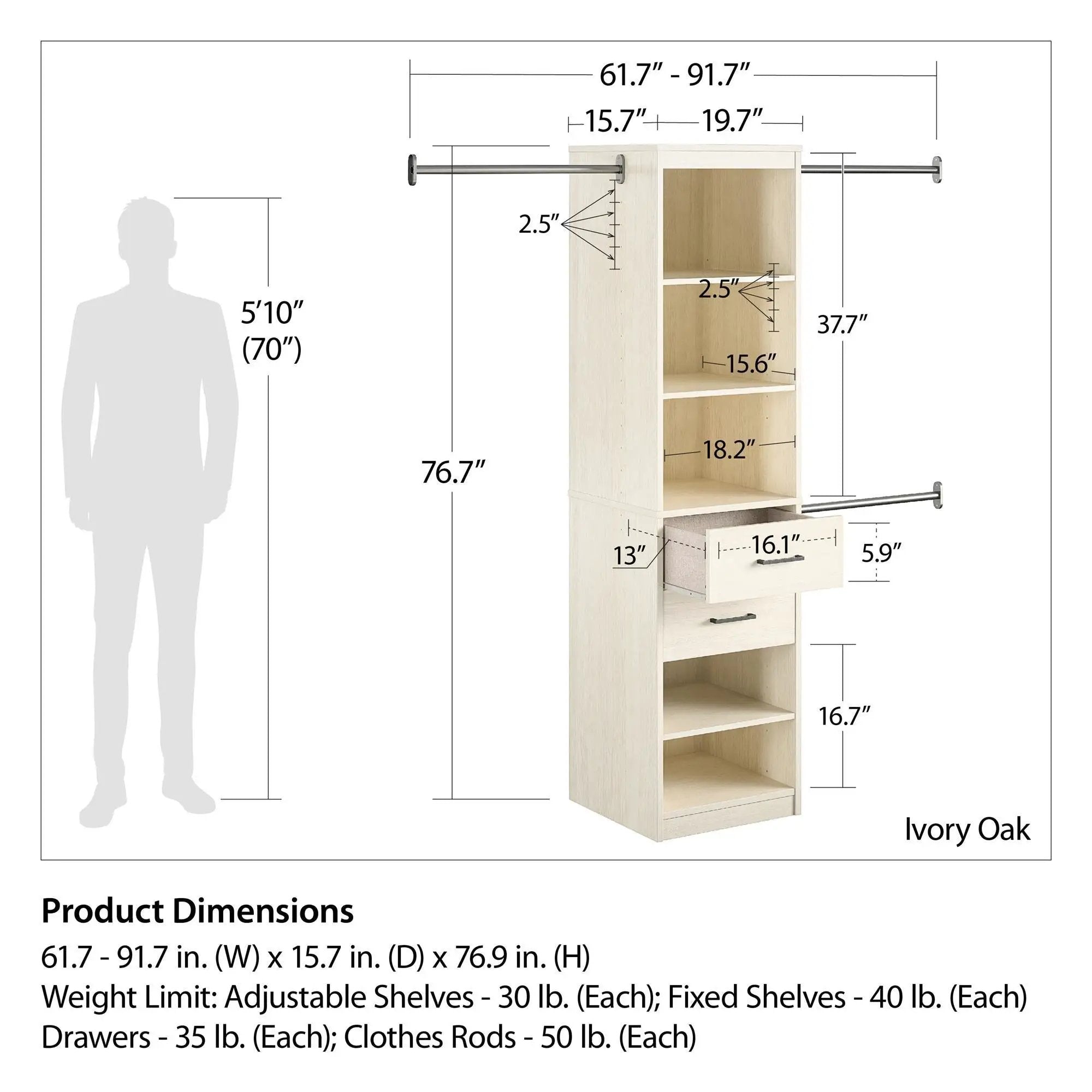 Kelly - 5 Shelf 2 Drawer Closet Organizer With 3 Adjustable Hanging Rods - Ivory by HouseOfZazla