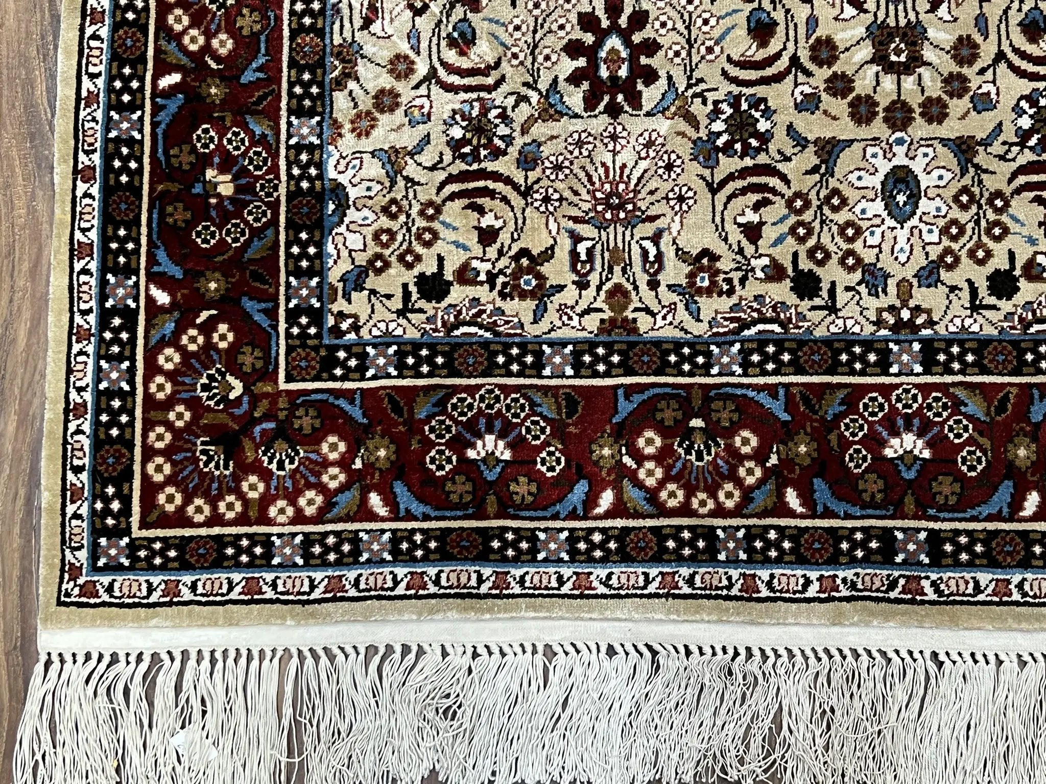 Fine Sino-Persian Silk Rug 3x5, High Quality Silk Carpet, Handmade Small Silk Rug, Allover Repeated Motif, Tan Maroon Blue Vintage Silk Rug by Jewel Rugs