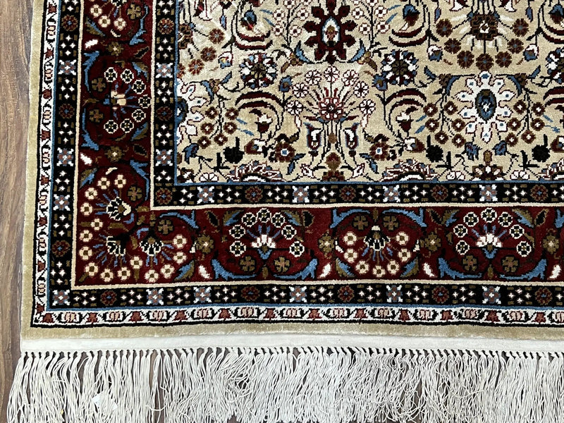 Fine Sino-Persian Silk Rug 3x5, High Quality Silk Carpet, Handmade Small Silk Rug, Allover Repeated Motif, Tan Maroon Blue Vintage Silk Rug by Jewel Rugs