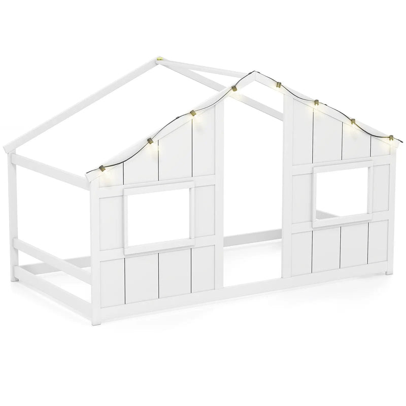 Twin Size House Bed with LED Lights Montessori Slat-free Floor Bed by DirectDeals